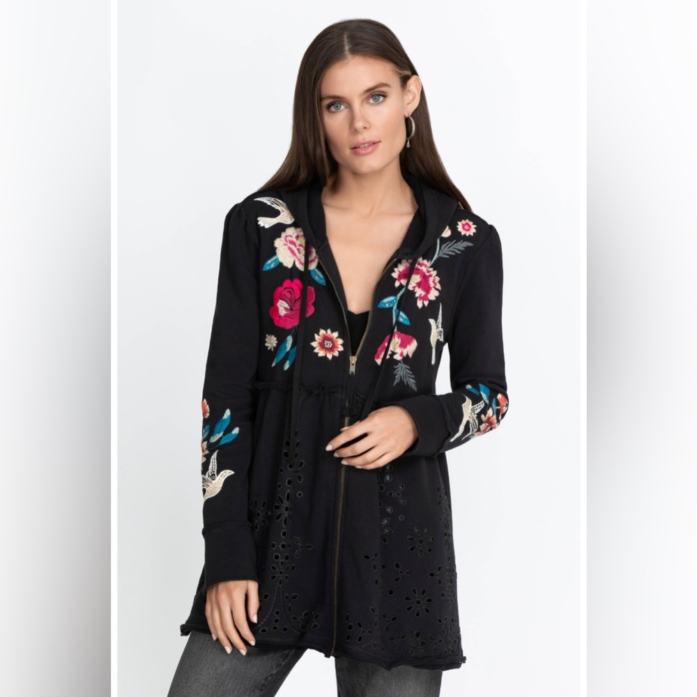 Johnny Was Black Floral Embroidered Cardigan